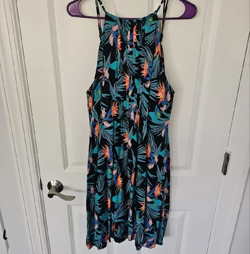 Black Tropical Midi Dress with Teal & Coral Print - Picture 2 of 4